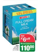 Spar UHT Milk Full Cream-6 x 1.5 Litre Per Pack