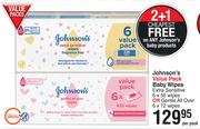 Johnson's Value Pack Baby Wipes Extra Sensitive (6x56 Wipes) Or Gentle All Over 6x72 Wipes-Per Pack