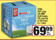 SPAR UHT Long Life Milk(Full Cream 2% Low Fat Or Fat Free)-6 x 1Ltr Per Pack