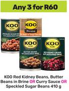Koo Red Kidney Beans,Butter Beans In Brine Or Curry Sauce Or Speckled Sugar Beans-For 3 x 410g