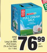 Spar UHT Long Life Milk (Full Cream, 2% Or fat Free)-6 x 1Ltr Per Pack