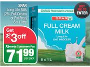 Spar Long Life Milk (2% Full Cream Or Fat Free)-6 x 1Ltr Per Pack