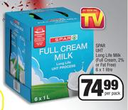 Spar UHT Long Life Milk (Full Cream, 2% Or Fat Free)-6x1Ltr Per Pack