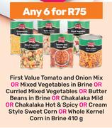 First Value Tomato & Onion Mix Or Mixed Vegetables In Brine-For Any 6 x 410g