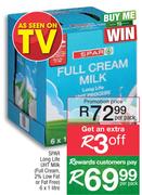 Spar Long Life UHT Milk Full Cream 2% Low Fat Or Fat Free-6 x 1Ltr Per Pack
