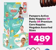 Pampers Active Baby Nappies Or Pants Or Premium  Care Nappies Mega Box Assorted Sizes-Each