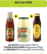 All Gold Tomato Sauce 700ml, Crosse & Blackwell Mayonnaise 750g & Mrs Ball's Chutney 470g-For All 3