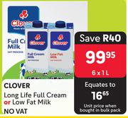 Clover Long Life Full Cream Or Low Fat Milk-6 x 1L