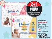 Johnson's Value Pack Baby Wipes Gentle All Over 4 x 72 Wipes Or Extre Sensitive 4 x 56 Wipes-Per Pac