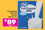 Great value UHT Full Cream Milk-6 x 1Ltr