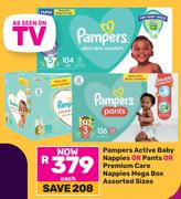 Pampers Active Baby Nappies Or Pants Or Premium Care Nappies Mega Box-Each