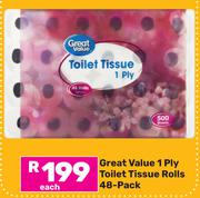 Great Value 1 Ply Toilet Tissue Rolls-48's Pack