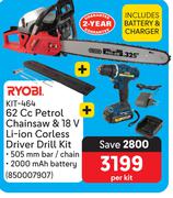 Ryobi Kit-464 62Cc Petrol Chainsaw & 18V Li-Ion Cordless Driver Drill Kit-Per Kit