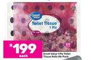 Great Value 1 Ply Toilet Tissue Rolls 48 Pack
