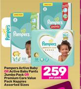 Pampers Active Baby Or Active Baby Pants Jumbo Pack Or Premium Care Value Pack Nappies-Per Pack