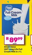Great Value UHT Long Life Full Cream Milk-6 x 1L