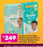Pampers Active Baby Nappies Jumbo Pack Or Premium Nappies Value Pack Size 3 To Size 6-Each
