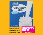 Great Value UHT Milk Full Cream-6 x 1L Per Pack