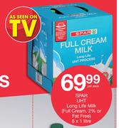 Spar UHT  Long Life Milk (Full Cream 2% Or Fat Free)-6 x 1Ltr Per Pack