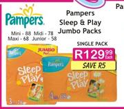 Pampers Sleep & Play Jumbo Packs Mini-88's/Maxi-68's/Midi-78's/Junior-58's Each