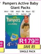Pampers Active Baby Giant Packs Mini-108's/Maxi-82's/Midi-96's Single Pack