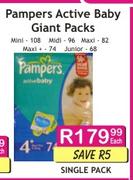Pampers Active Baby Giant Packs Junior-68's/Maxi Plus-74's Single Pack 