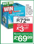 Spar Long Life UHT Milk Full Cream, 2% Low Fat Or Fat Free-6x1 Litre