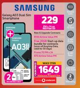 2 x Samsung Galaxy A03 Dual Sim Smartphone-On Red Flexi 130 + On Promo 70
