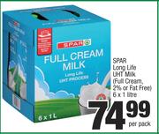 Spar Long Life UHT Milk (Full Cream 2% Or Fat Free)-6 x 1Ltr