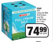 Spar UHT Long Life Milk Full Cream, Low Fat Or Fat Free-6 x 1L Per Pack
