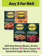 Koo Red Kidney Beans, Butter Beans in Brine or Curry Sauce Or Speckled Sugar Beans-For Any 3 x 410g