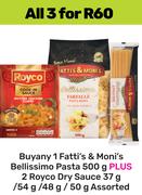 Fatti's & Moni's Bellissimo Pasta 500g Plus 2 Royco Dry Sauce Assorted-For All 3 x 37g/54g/