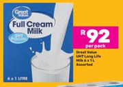 Great Value UHT Long Life Milk Assorted-6 x 1L Per Pack