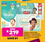 Pampers Active Baby Nappies Or Pants Jumbo Pack Size 1-6 Or Premium Care Value Pack Nappies Size 3-6