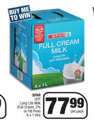 Spar UHT Long Life Milk Full Cream, 2% Or Fat Free-6 x 1L Per Pack