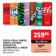 Coca Cola, Fanta, Sprite, Stoney, Sparletta, Schweppes Or Twist Soft Drink Cans-24 x 300ml