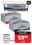 Lurpak Salted or Unsalted Butter Spread Or Brick-250g Each