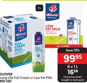 Clover Long Life Full Cream or Low Fat Milk-6 x 1Ltr