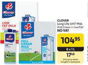 Clover Long Life UHT Milk Full Cream Or Low Fat-6 x 1L