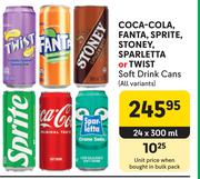 Coca Cola, Fanta, Sprite, Stoney, Sparletta Or Twist Soft Drink Cans (All Variants)-24 x 300ml
