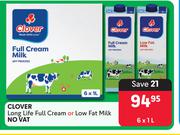 Clover Long Life Full Cream Or Low Fat Milk-6 x 1L
