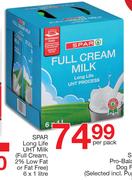Spar Long Life UHT Milk Full Cream, 2% Low Fat Or Fat Free-6 x 1Ltr Per Pack