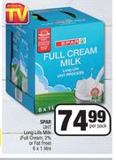 Spar UHT Long life Milk (Full Cream, 2 % Or Fat Free)-6x1Ltr Per Pack