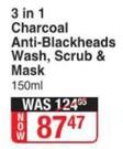 Garnier 3 In 1 Charcoal Anti-Blackheads Wash, Scrub & Mask-150ml