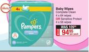 Pampers Complete Clean 4 x 64 Wipes Or Sensitive Protect 4 x 56 Wipes-Per Pack