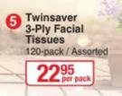 Twinsaver 3 Ply Facial Tissues 120 Pack Assorted-Per Pack