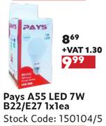 Pays A55 LED 7W B22/E27-1 x 1 Each