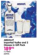 Absolut Imported Vodka And 2 Glasses In Gift Pack-750ml