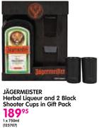 Jagermeister Herbal Liqueur And 2 Black Shooter Cups In Gift Pack-750ml