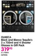 Olmeca Black And Blanco Tequila's 2x750ml And 4 Shooter Glasses In Gift Pack